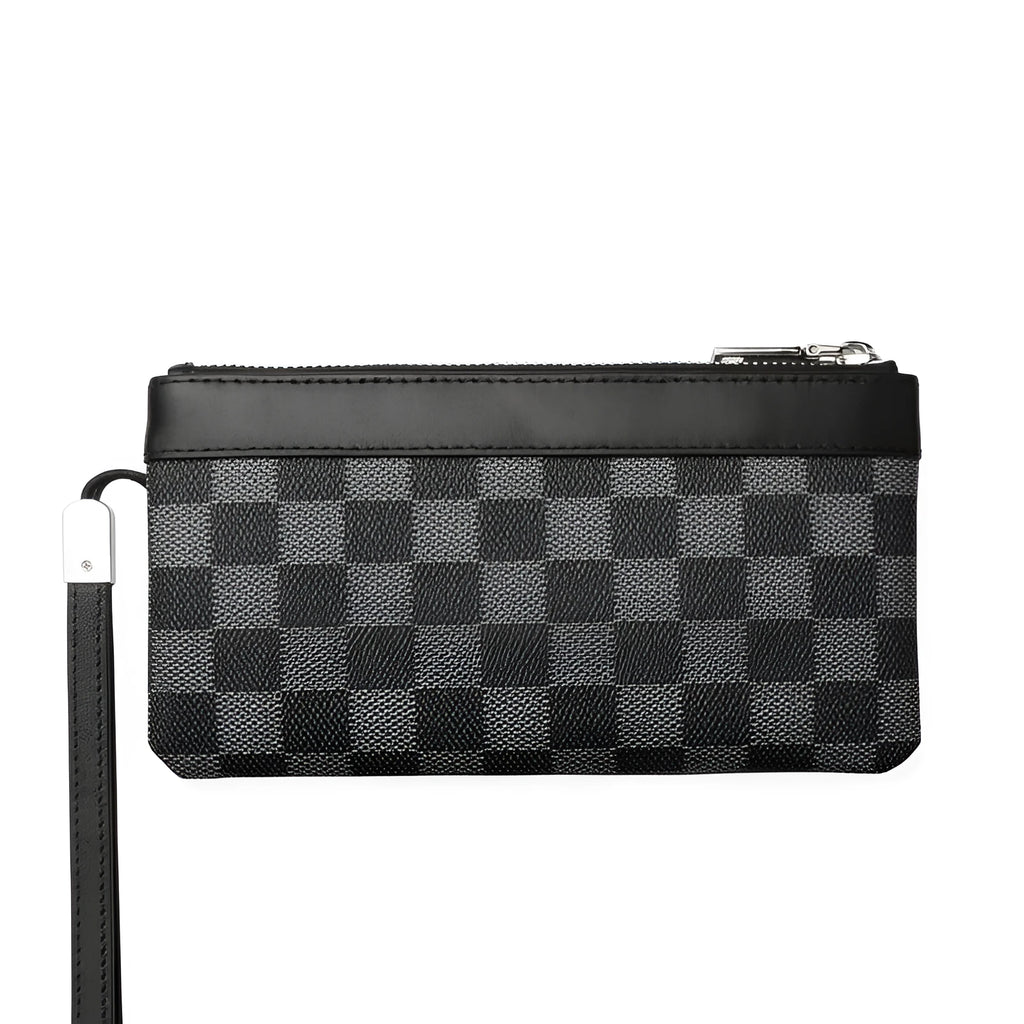 Black men's leather clutch wallet showing cowhide texture and 20cm x 10cm dimensions