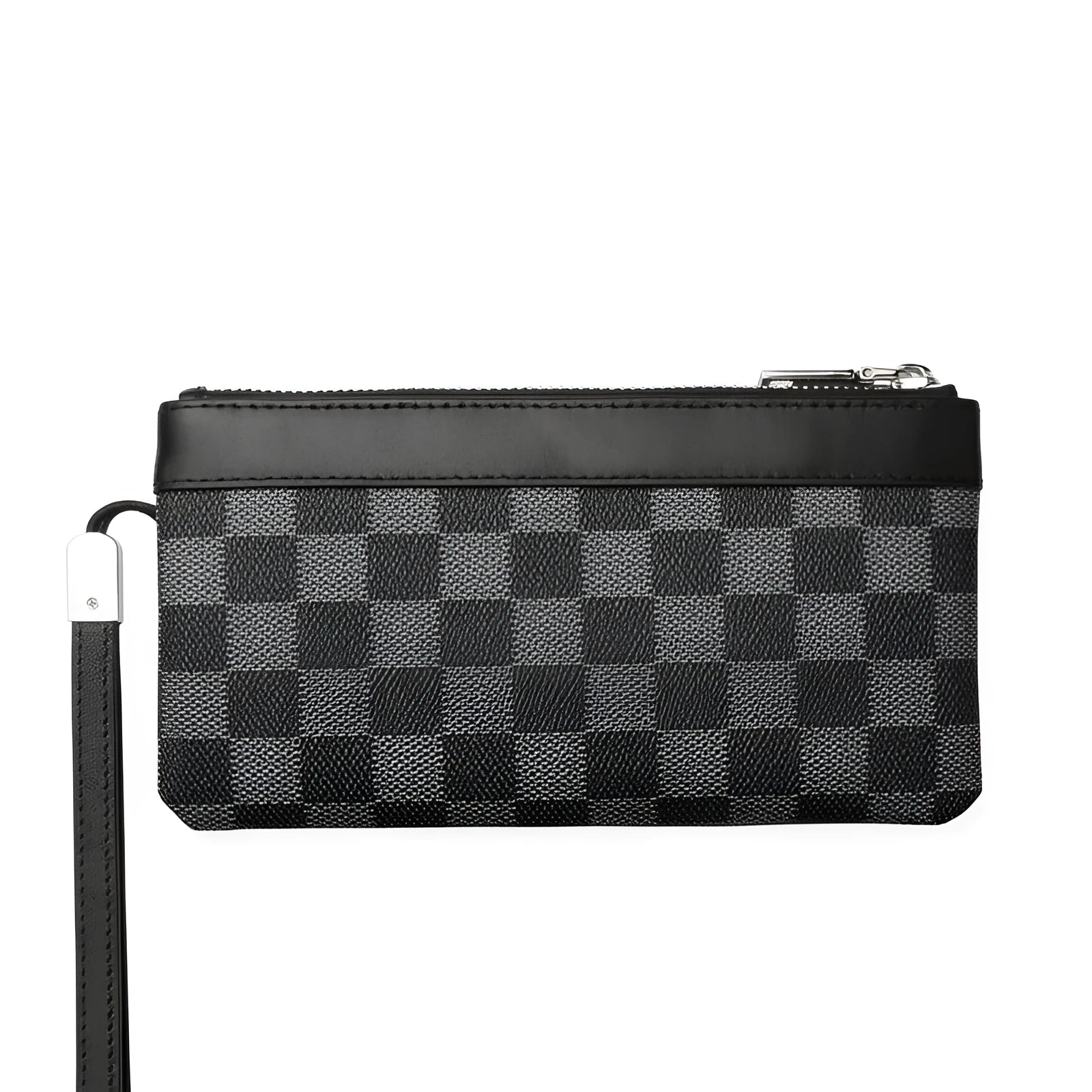 Black men's leather clutch wallet showing cowhide texture and 20cm x 10cm dimensions