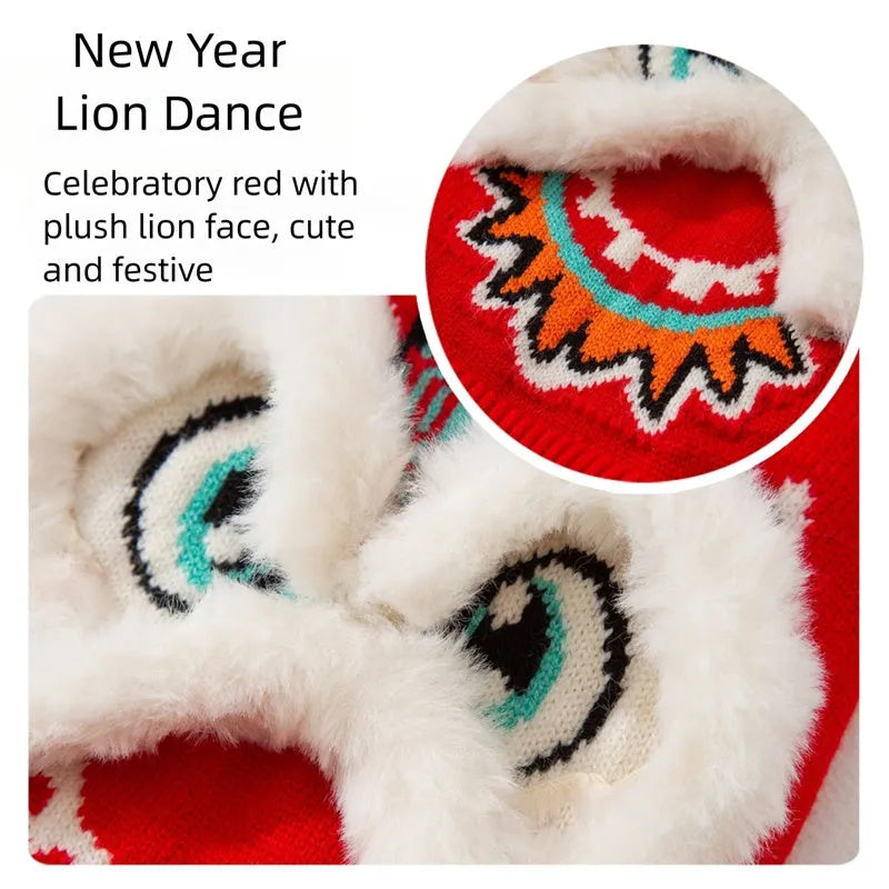 Red knitted lion dance pet sweater with 3D plush face details and colourful embroidery on a cat