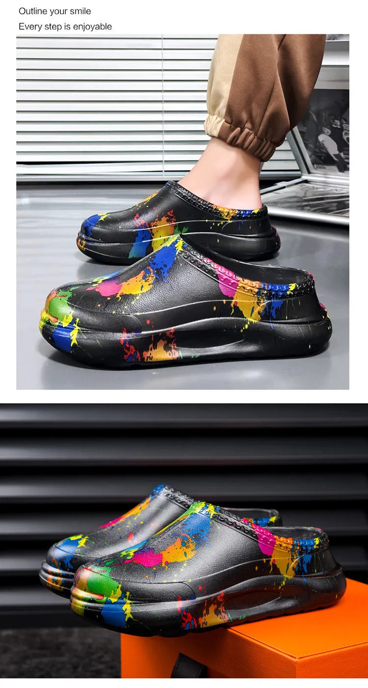 Men's black waterproof platform pump chef shoes with goodyear sole and toe cap design