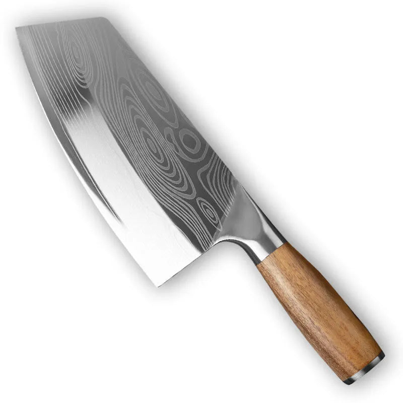 Stainless steel kitchen knife with a long 320mm blade on a cutting board