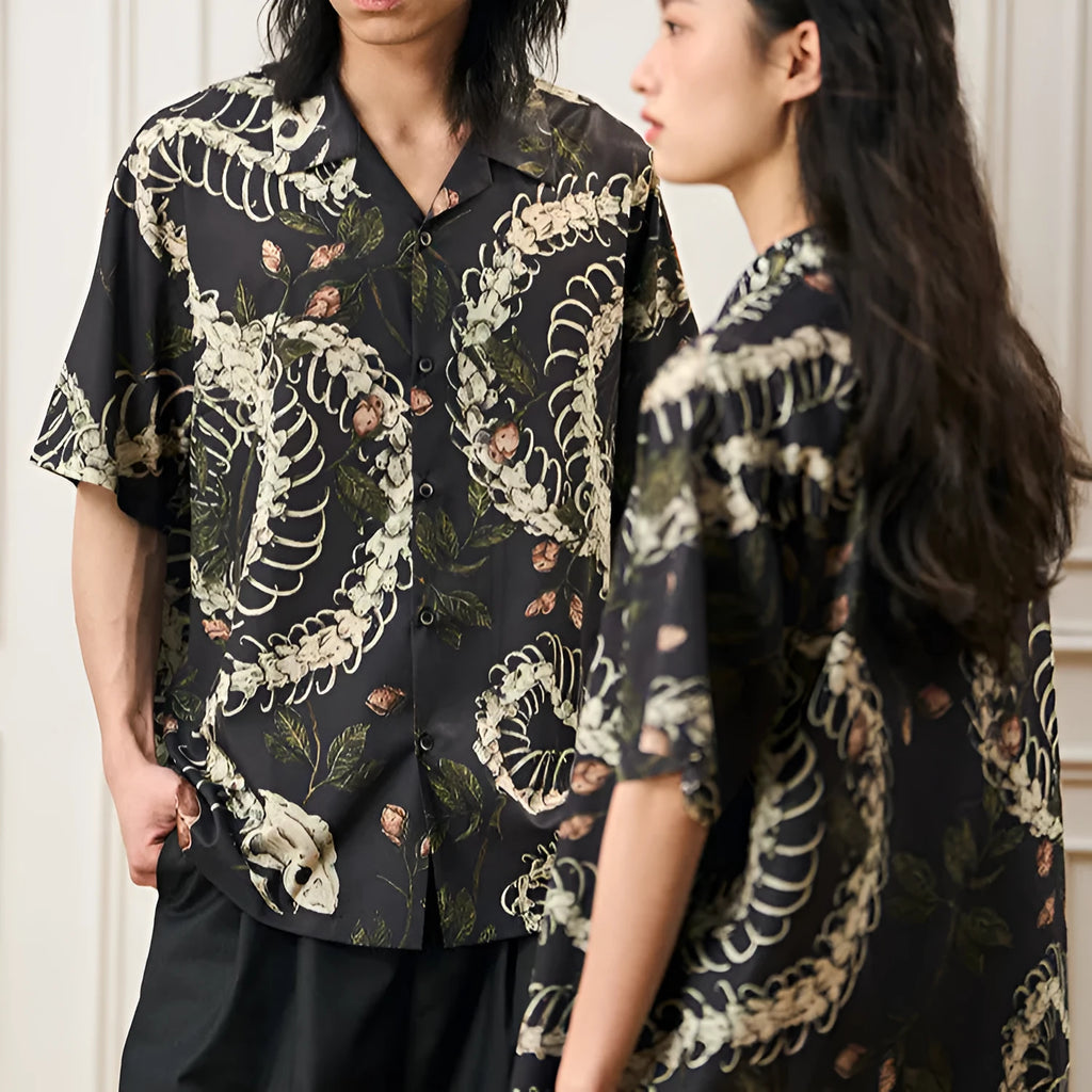 Men's snake bone pattern printed short sleeve Cuban collar shirt in loose cardigan style