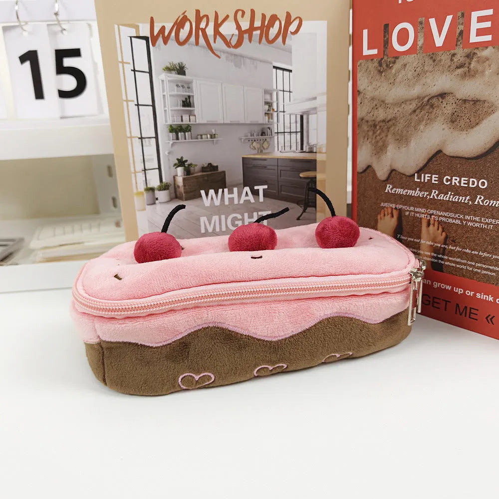 Cherry cake plush velvet pencil case with zip closure in Korean style