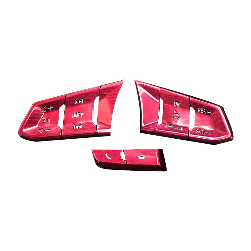 Atz modified vehicle steering wheel decorative sticker set showing aluminum alloy hollow button styles in brushed red, silver, and blue finishes