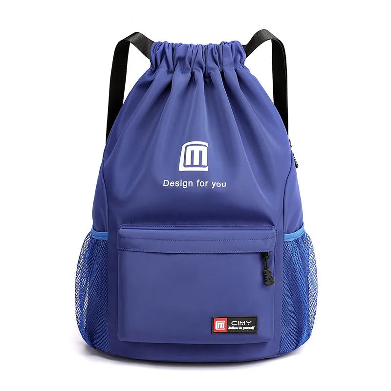Oxford fabric drawstring travel backpack in multiple colours with double shoulder straps and pull-belt closure