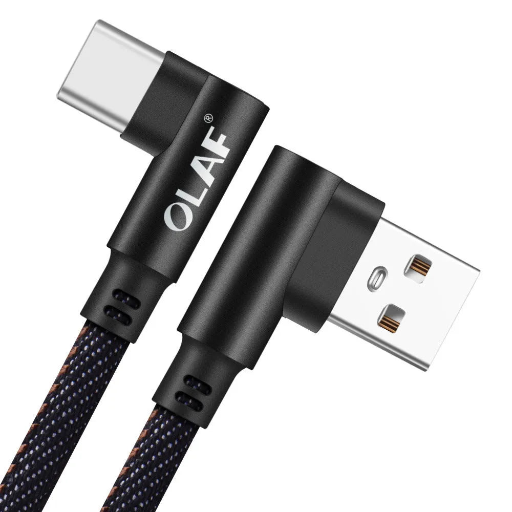 USB fast charging cable with denim fabric sleeve, showing Android and Type C connector options in red colour.