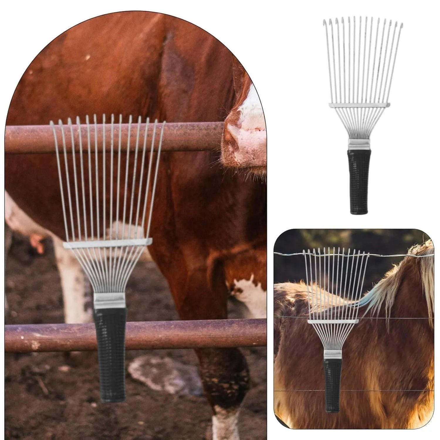Stainless steel dematting brush rake comb for grooming horses and pets.