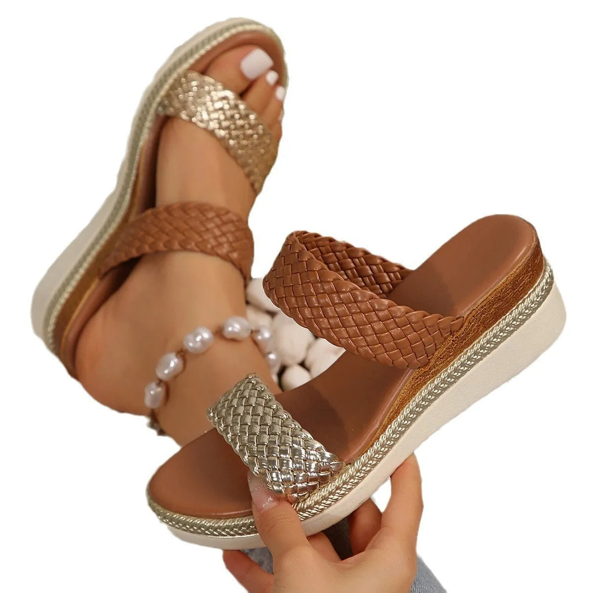 Gold wedge sandals for women with PU upper and rubber sole, shown in a plus size width.
