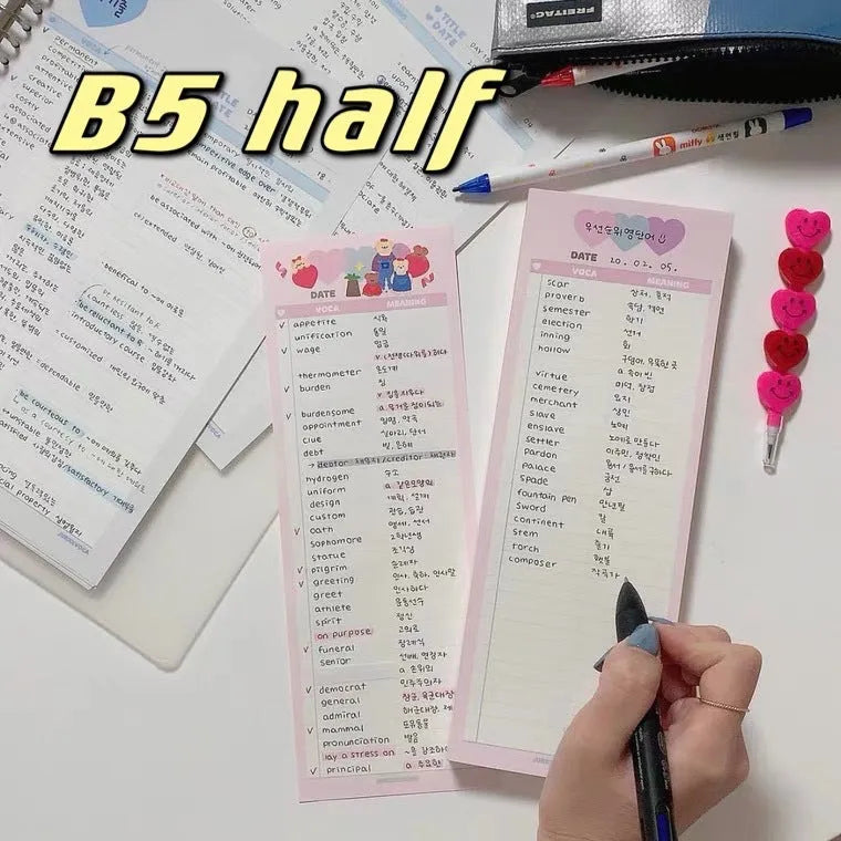 Half-B5 vertical notepad for English learning with pink, purple, or blue cover options