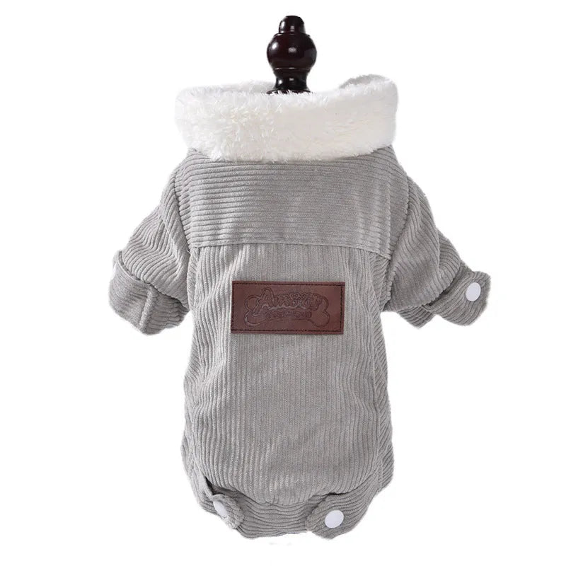 Lambswool fleece-lined padded vest for dogs and cats in grey or pink, shown in size range XS to XXL.
