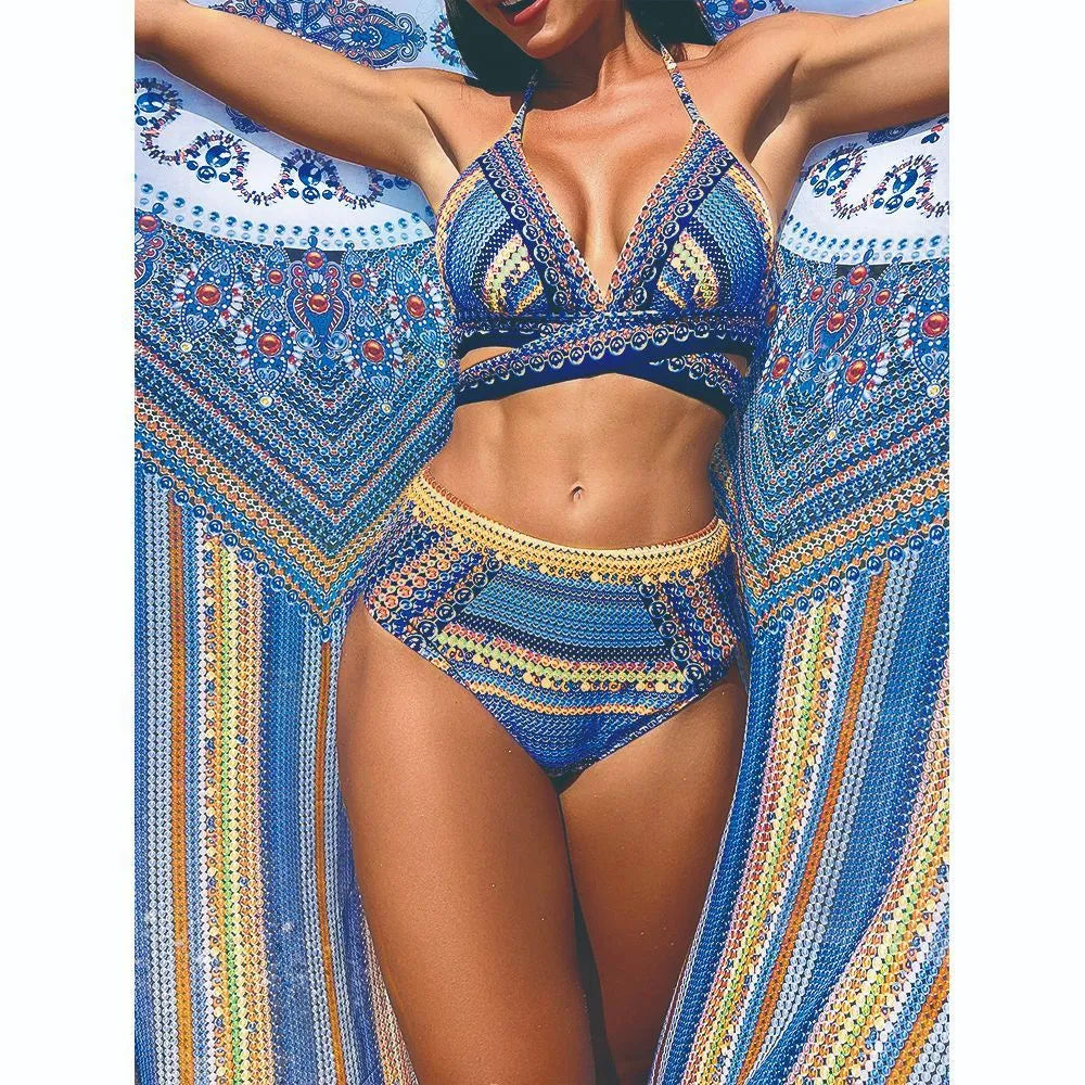 Women's three-piece bikini swimsuit set with cross bandage design, high waist briefs, and smock cover-up
