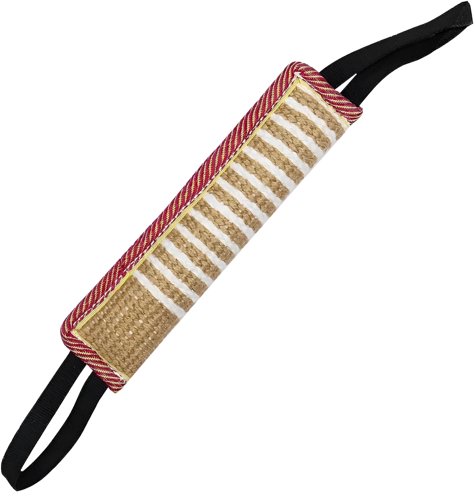 Beige jute dog tug toy with two fabric handles for interactive training exercises