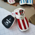 VIP Teddy Schnauzer cloth dog shoes with zipper, non-slip sole, in blue, pink, and red.