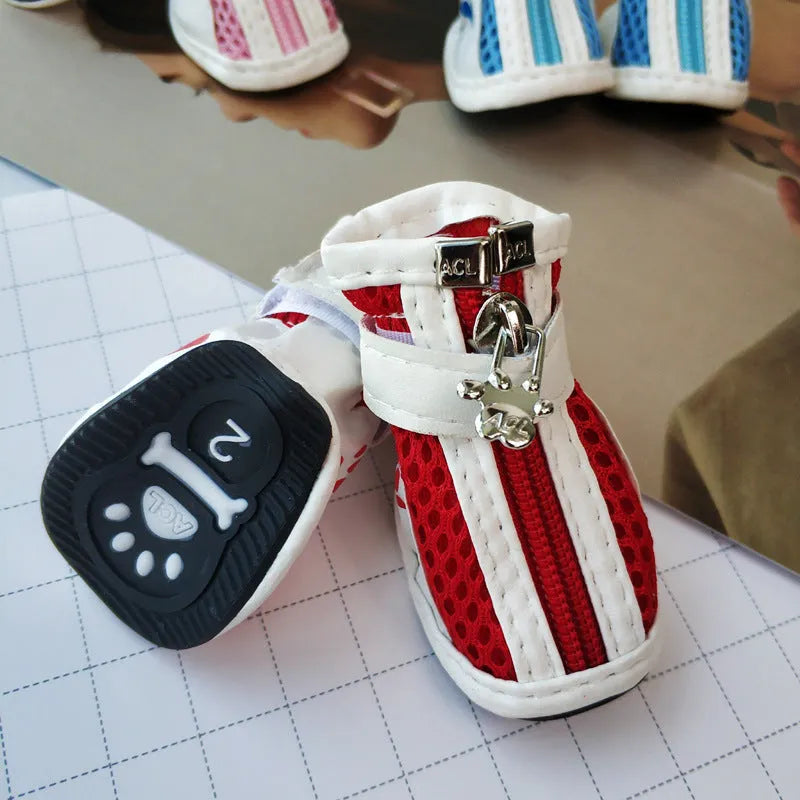 VIP Teddy Schnauzer cloth dog shoes with zipper, non-slip sole, in blue, pink, and red.