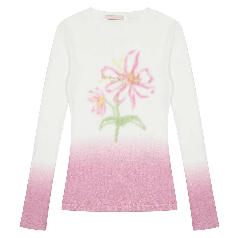 Yellow green women's long sleeve T-shirt with a gradient floral print pattern.