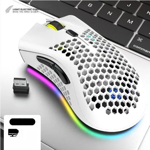 Hollow out wireless gaming mouse with RGB lighting in cyan colour