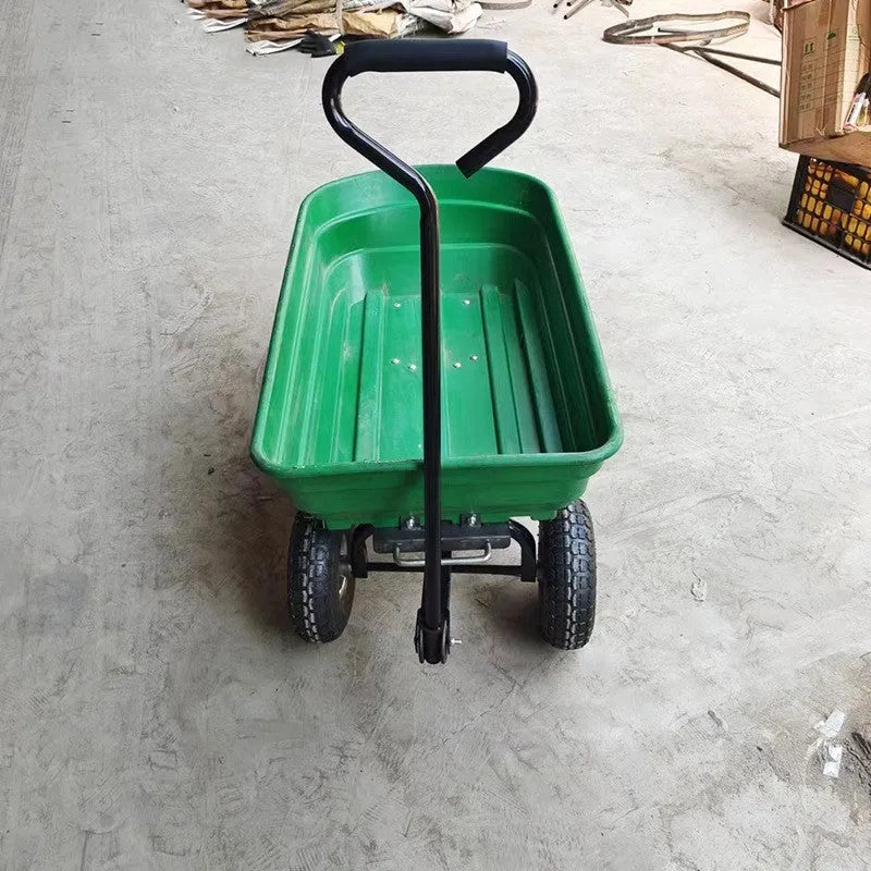Green four-wheel plastic dump truck with steel PP construction and 350kg load capacity
