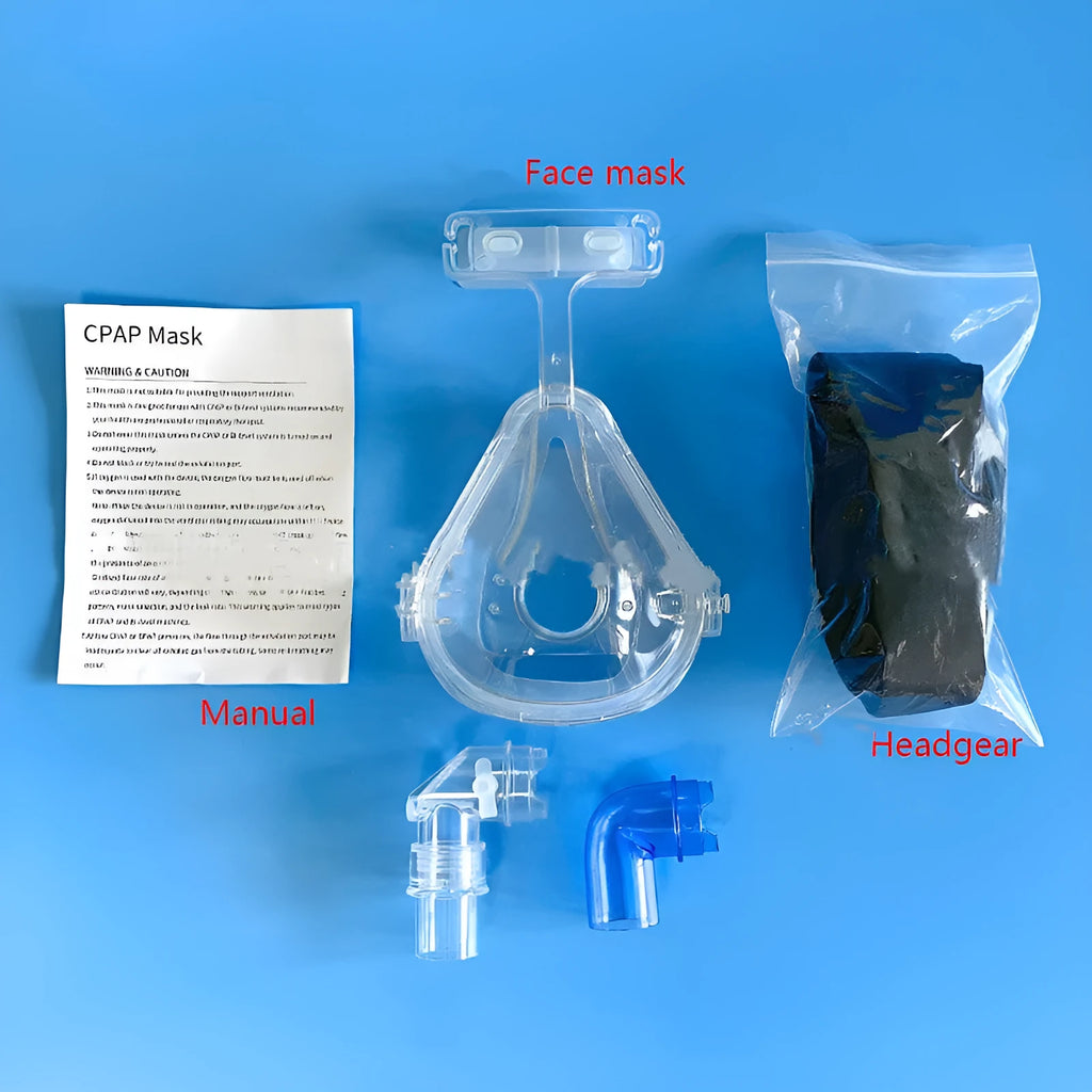 Transparent silicone CPAP breathing mask with headgear and adapter elbow accessories