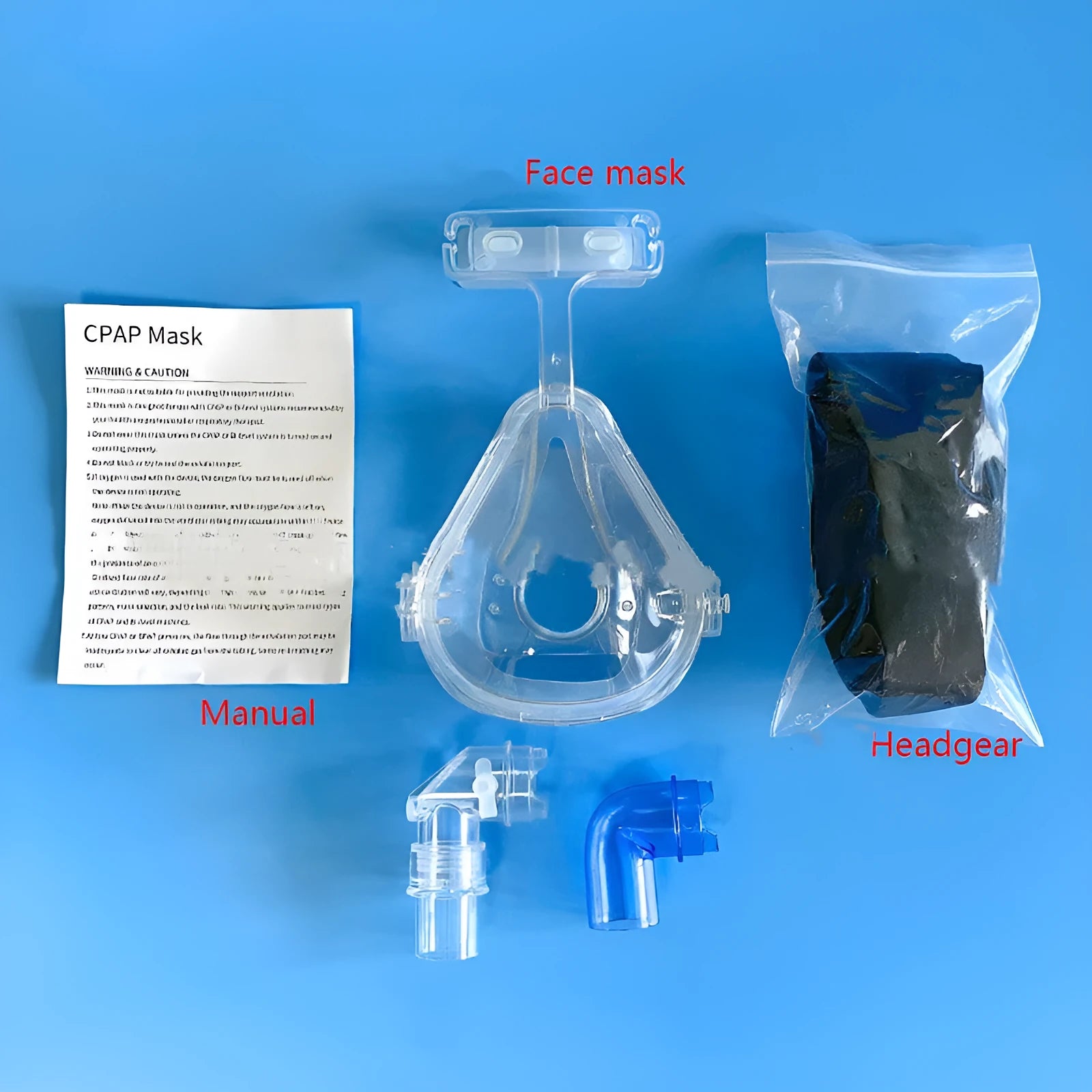 Transparent silicone CPAP breathing mask with headgear and adapter elbow accessories