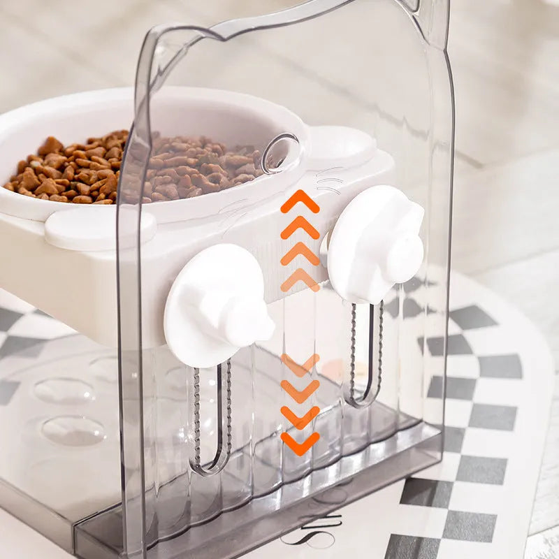 Adjustable height cat bowl with cat ear design in grey or pink, featuring anti-spill fixed hanging body for cages