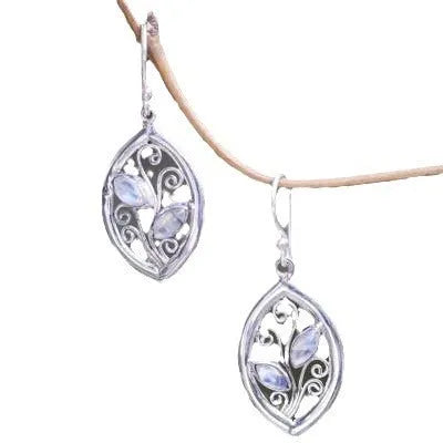 Silver alloy moonstone earrings with colourful embedded leaves design for women