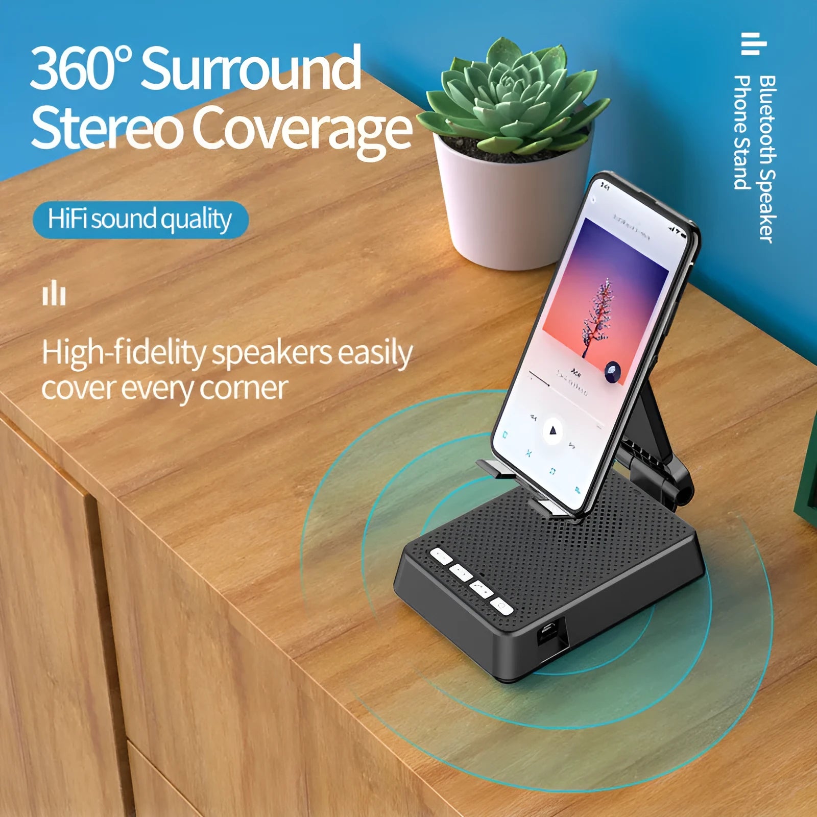 Black mobile phone stand with Bluetooth speaker and microphone for desk use
