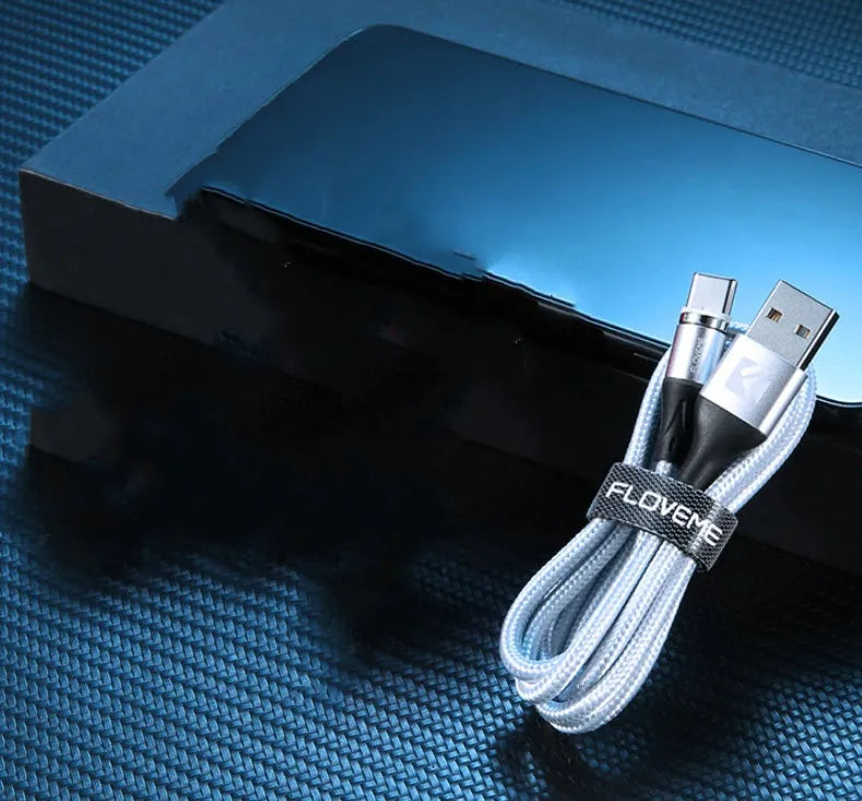 Magnetic USB fast charge and data cable for iPhone and Android phones in black, red, or silver.