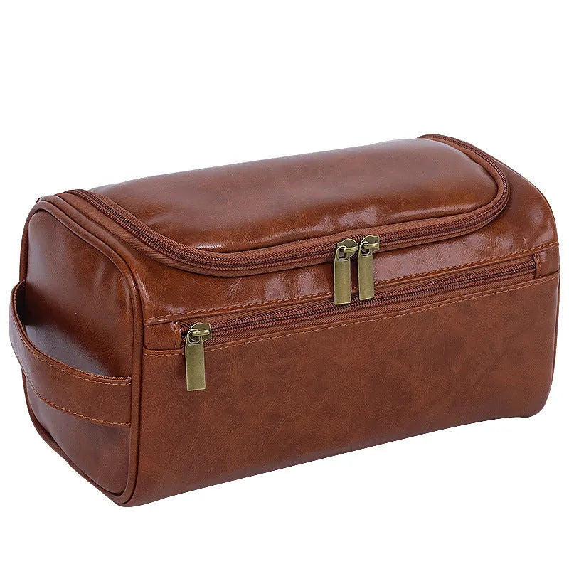 Large capacity waterproof cosmetic bag in retro style with skincare and makeup items inside