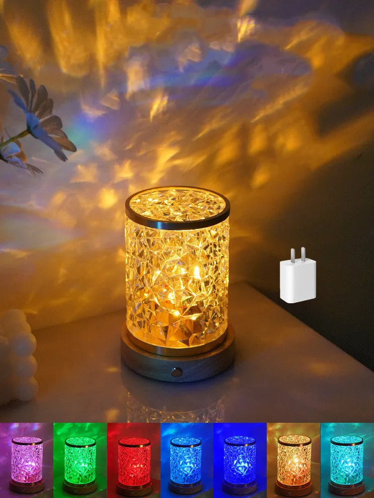Rotating water ripple night light with solid wood base and USB charging cable