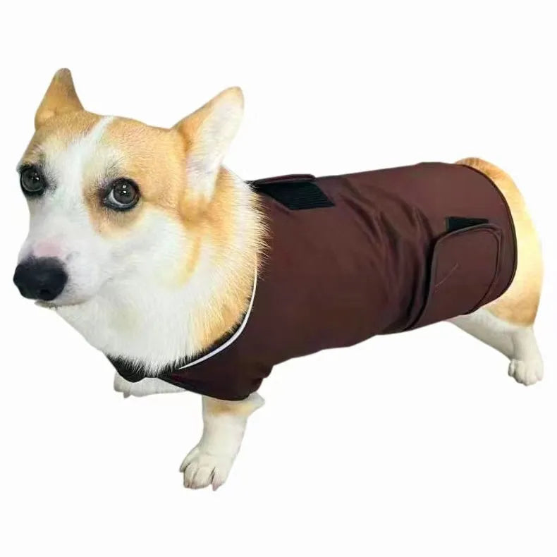 Brown dog anxiety relief tank top jacket on canine model showing casual pet clothing design