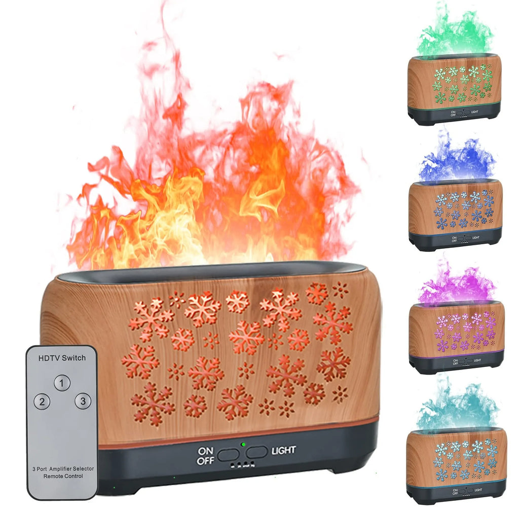 Christmas snowflake pattern humidifier with colourful flame effects and remote control on wooden desk