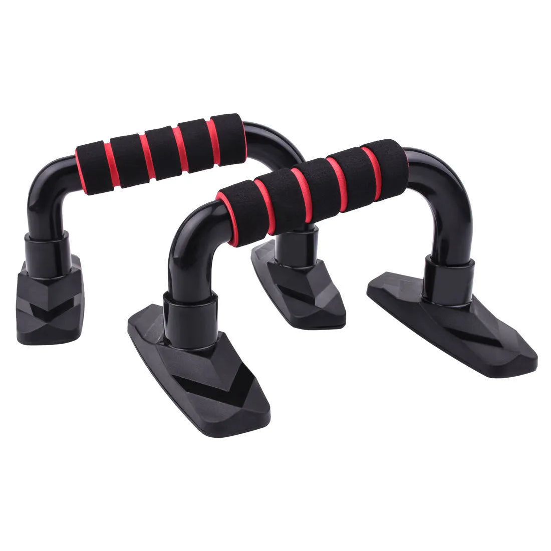Pair of black I-shaped push up bars with textured PP sponge grips on a floor