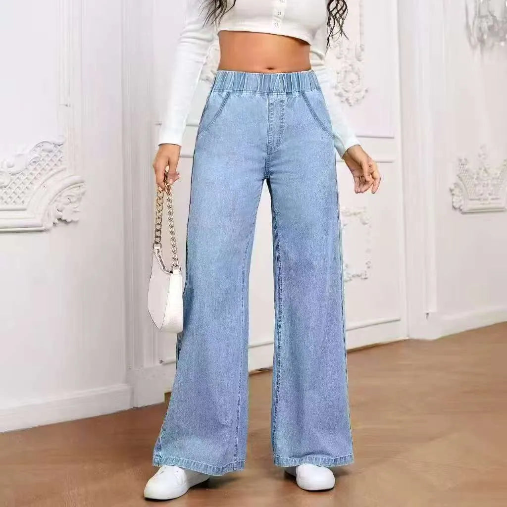 Women's light blue wide-leg denim jeans with straight cut and mid waist