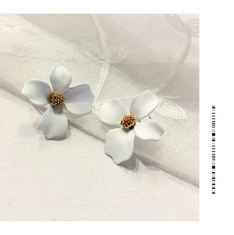 Women's flower stud earrings in pink and white colour options with electroplated alloy construction