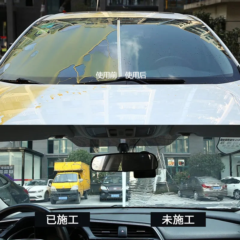 100ml car windshield rainproof cleaning agent in a clear bottle with label showing AntiOil and AntiRain style options