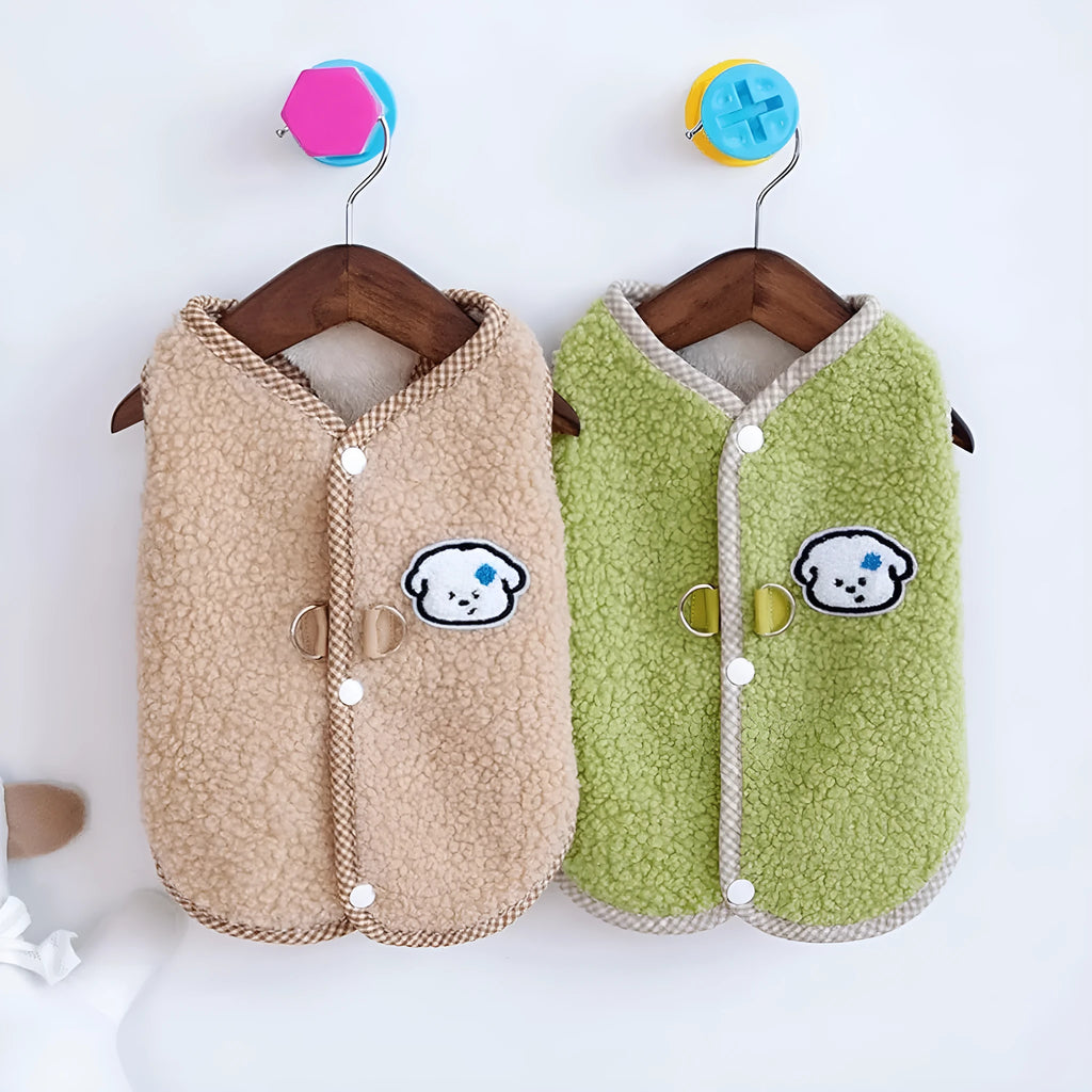 Green coral fleece dog sweatshirt vest with a leash ring on a small dog, showing a winter outfit.