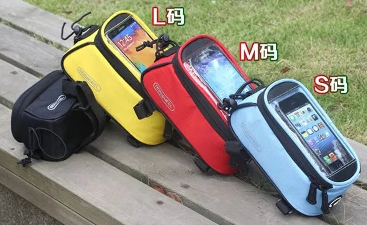 ROSWHEEL waterproof PVC bicycle frame bag for iPhone in black, blue, red colours showing three size options