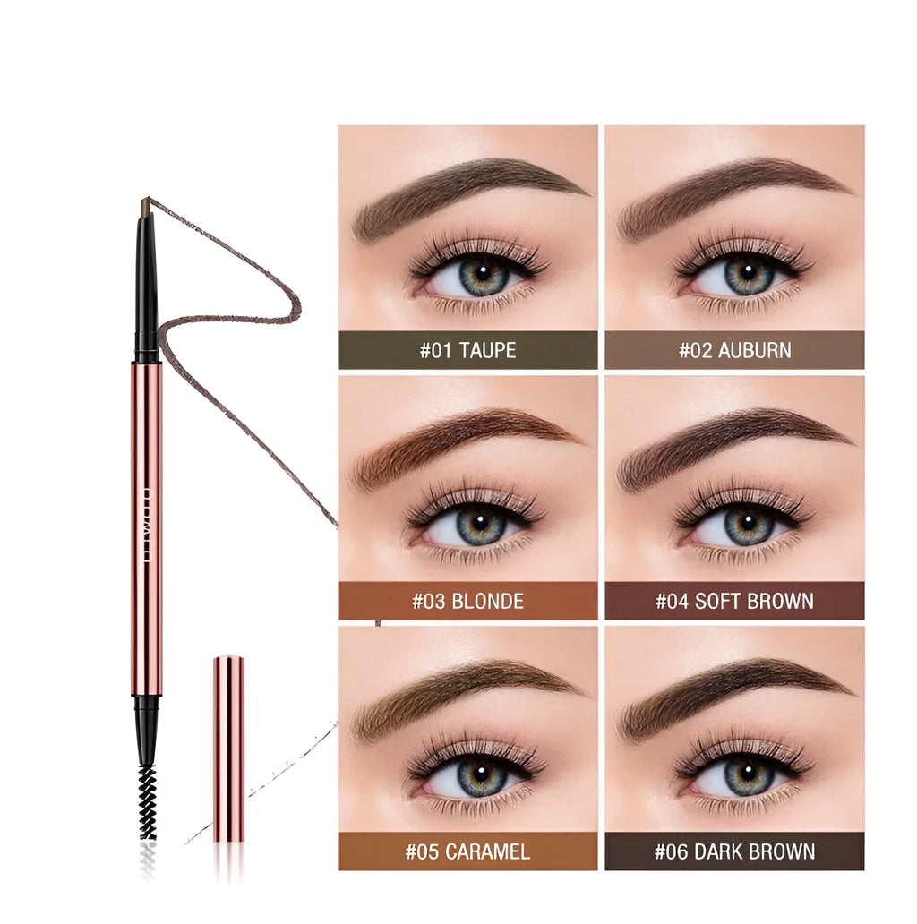 Square-shaped eyebrow pencil in colour box with Auburn, Blonde, Caramel, Dark Brown, Soft Brown, Taupe shade options.