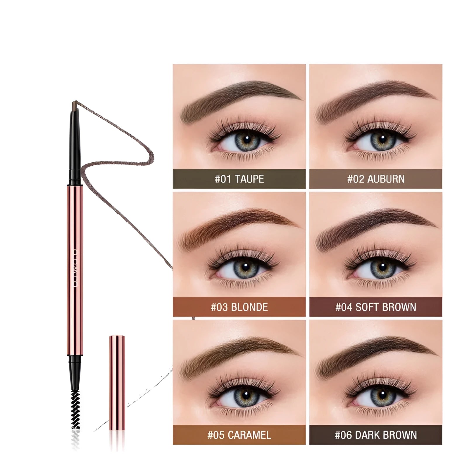 Square-shaped eyebrow pencil in colour box with Auburn, Blonde, Caramel, Dark Brown, Soft Brown, Taupe shade options.