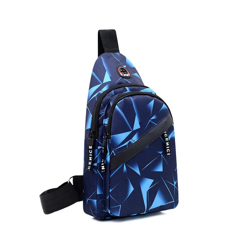 Blue print sling chest bag with a crossbody strap, showing the earphone hole and zipper opening.