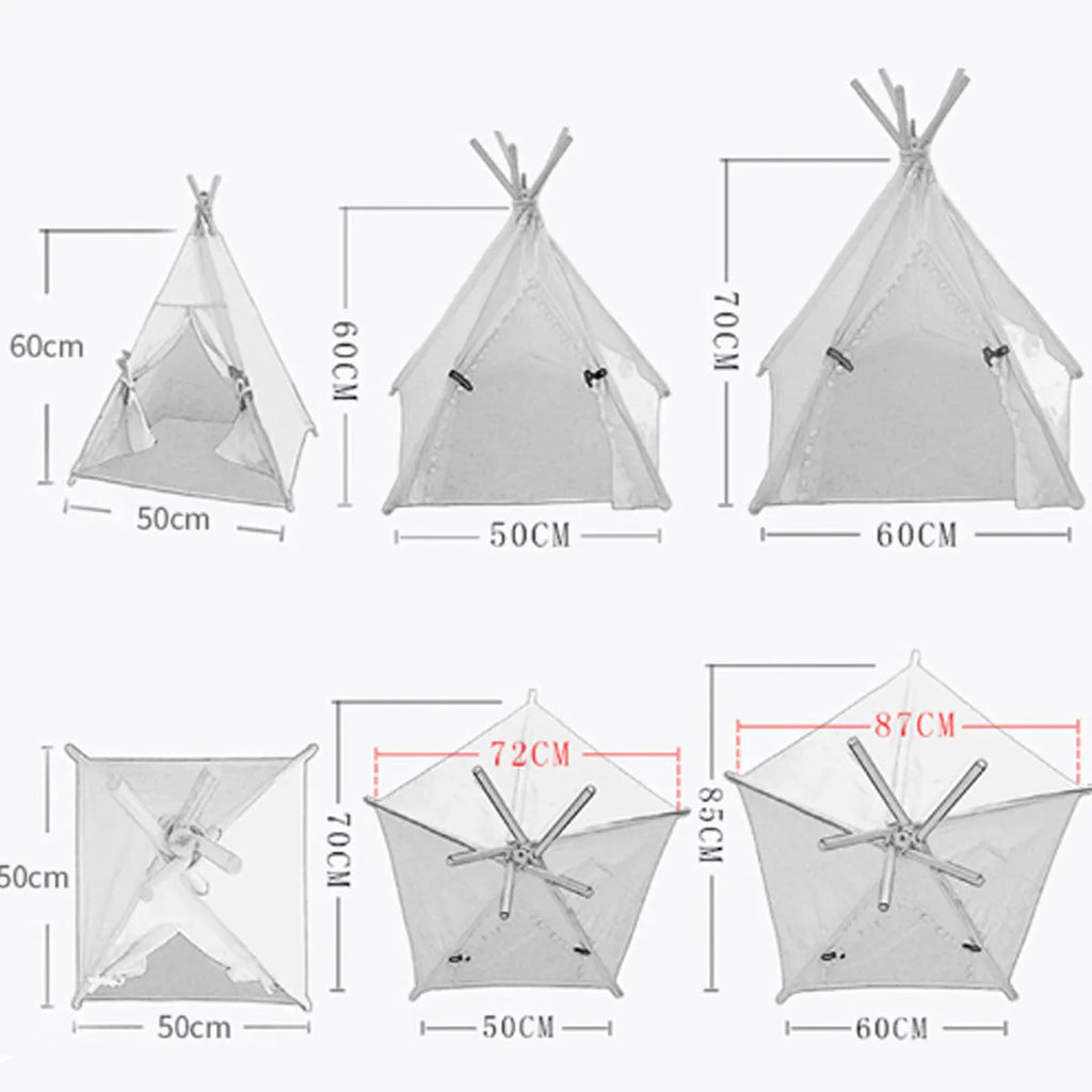 Striped linen pet teepee tent with cushion for a small dog or cat