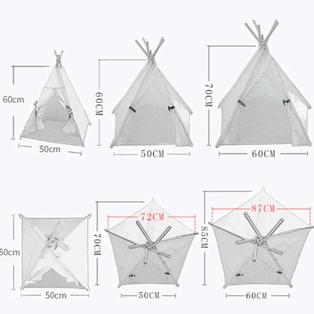 Striped linen pet teepee tent with cushion for a small dog or cat