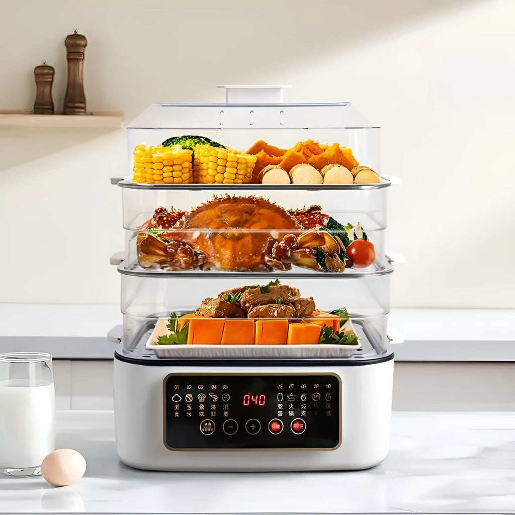 Electric kitchen steamer appliance with stainless steel steaming rack and digital display