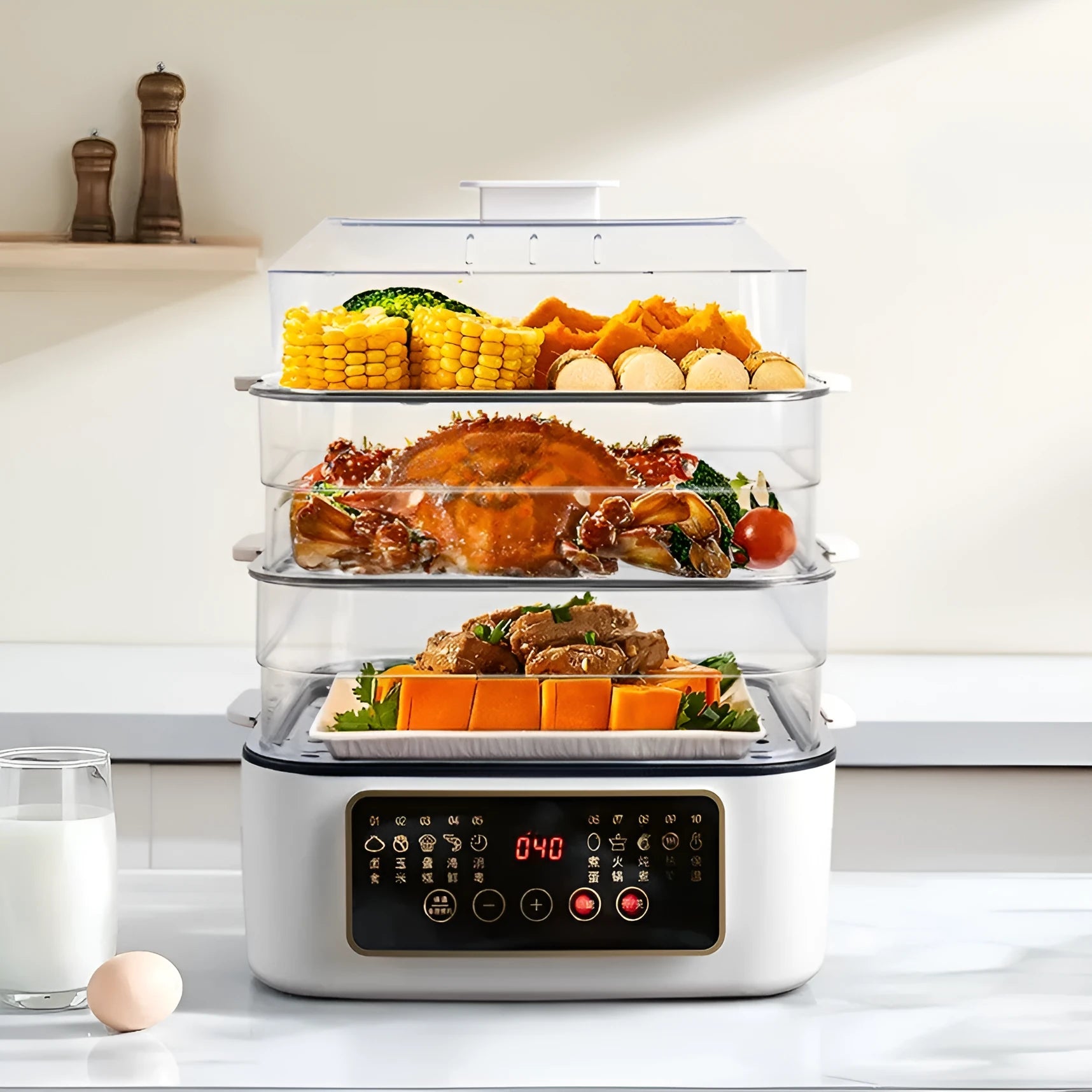 Electric kitchen steamer appliance with stainless steel steaming rack and digital display