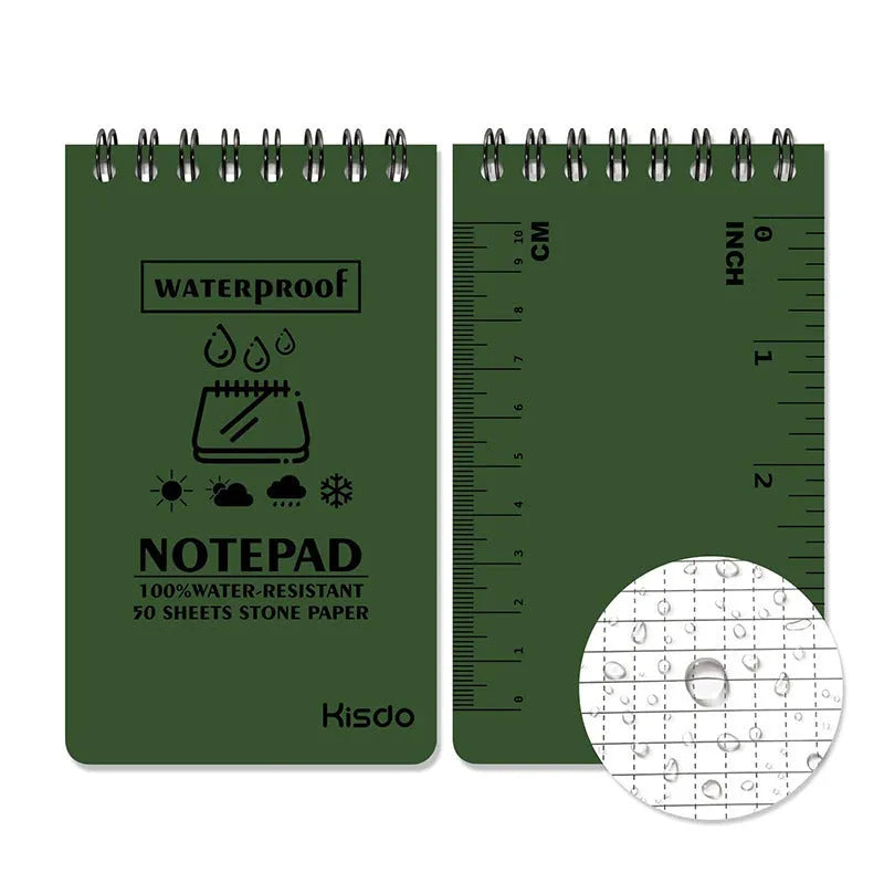 Spiral-bound waterproof office notepad in camouflage colour with stone paper pages.