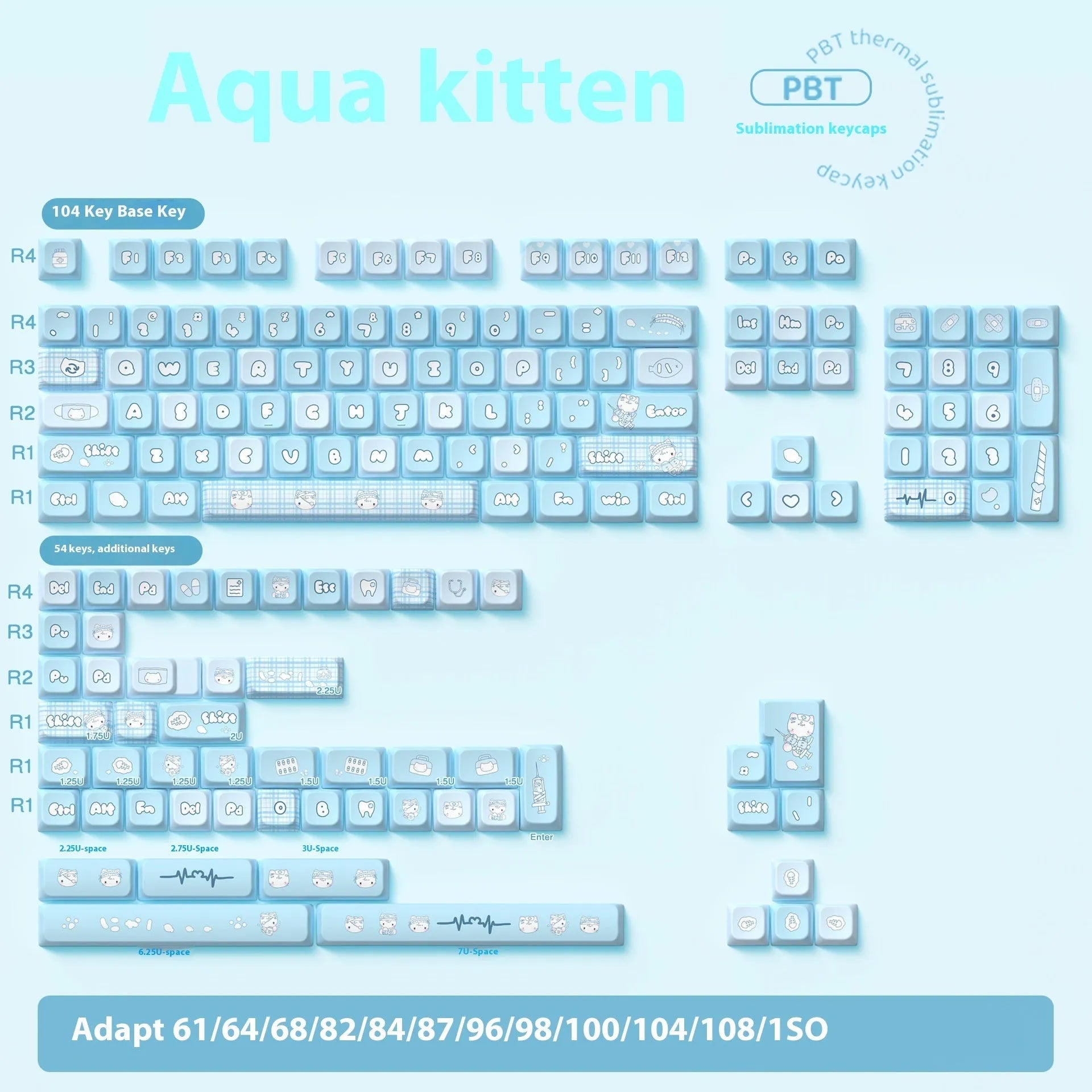 Watercolour kitten design custom keycap set for mechanical keyboards in PTB material