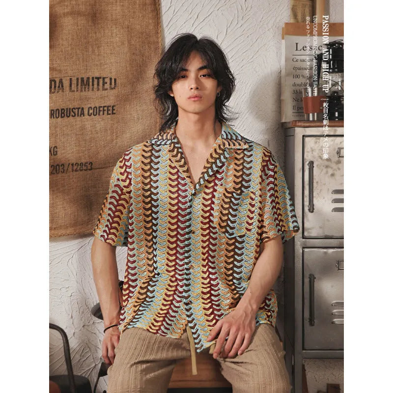 Japanese style Cuban collar short sleeve shirt with hollow jacquard pattern in grey colour