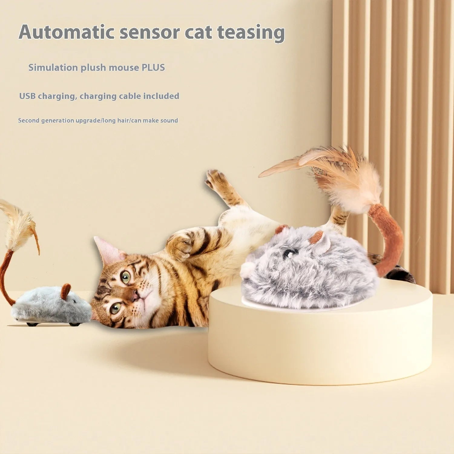Self-moving electric mouse cat pole toy with plush construction and USB Type-C charging port