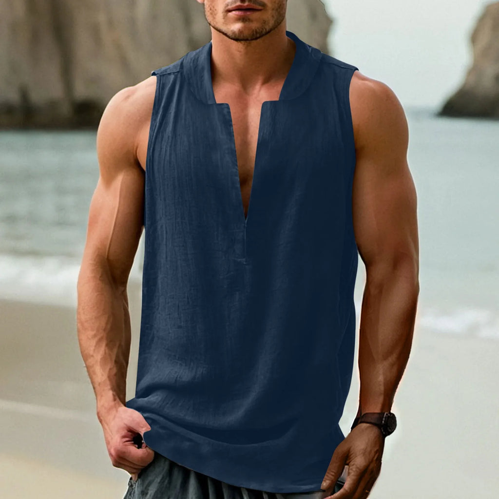 Men's casual sleeveless shirt in cotton linen blend showing seven colour options and Asian sizing