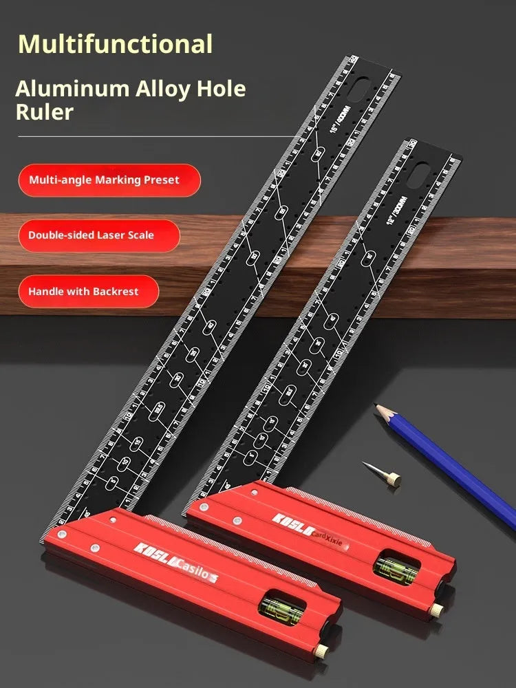 Thick aluminium alloy lineation ruler with multi-angle positioning and scribing holes for woodworking